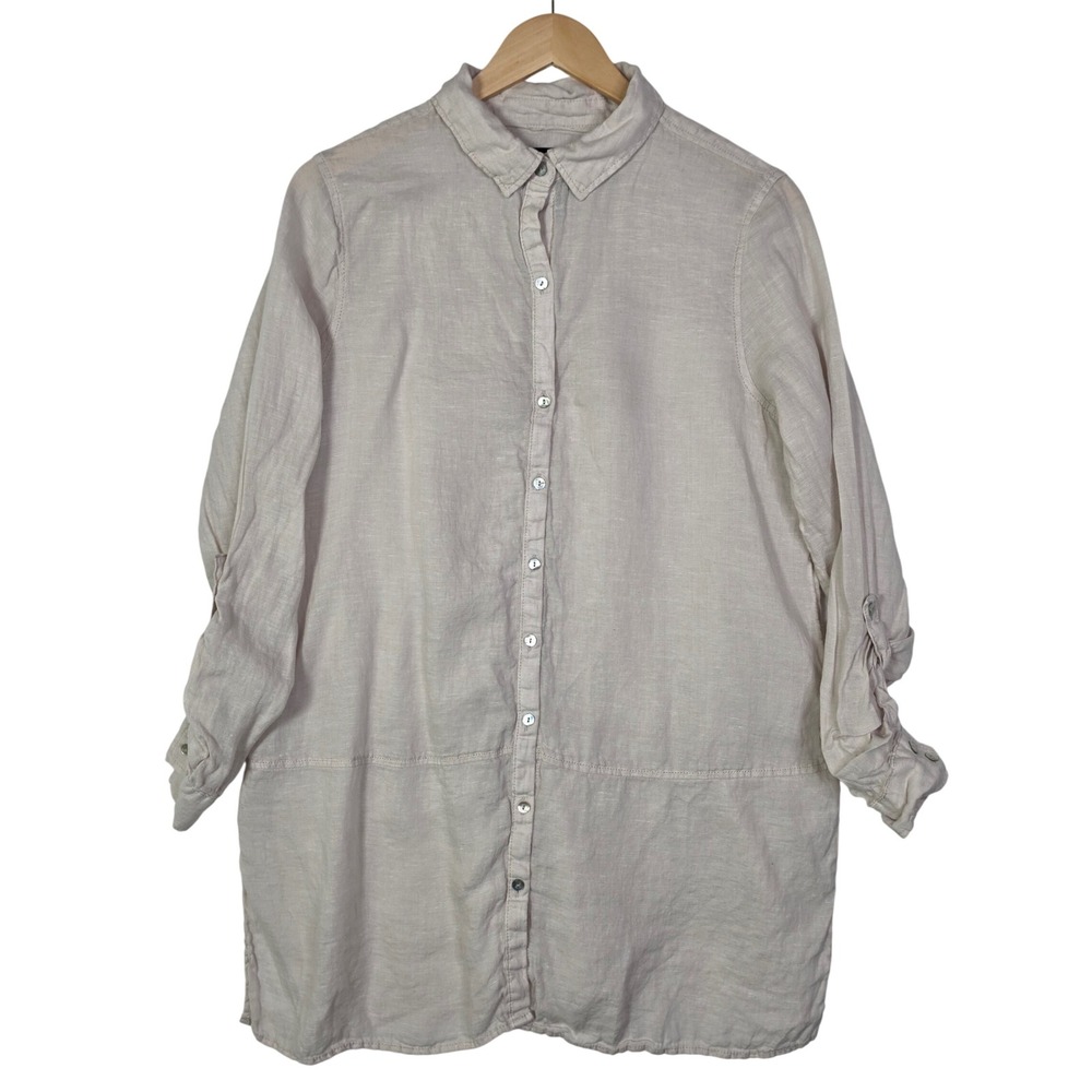 Tahari Womens Size Large‎ Beige 100% Linen Button Front Roll Tab Tunic Shirt